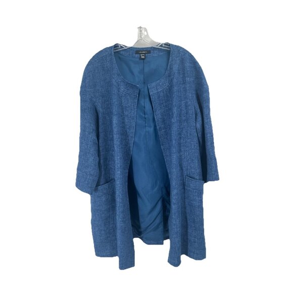 Louben Blue Unstructured Long Line Linen Jacket Open 3/4 Sleeves Sz Large - Picture 1 of 6